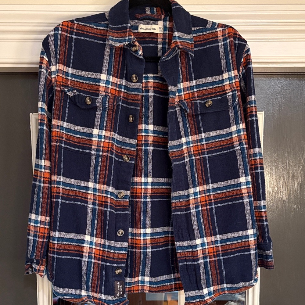 abercrombie kids Navy Plaid Shirt with Orange and Teal Stripes